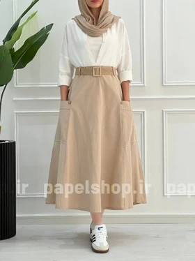 دامن لینن جیب پاکتی با کمربند کنفی