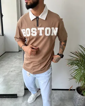 تیشرت دورس نیم زیپ دونخ خارنخورده یقه دار BOSTON رنگ نسکافه ای