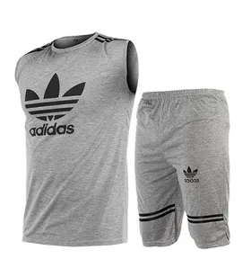 ست رکابی و شلوارک مردانه آستین حلقه‌ای طوسی Adidas ساده یقه گرد
