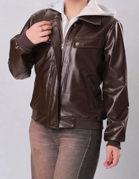 کاپشن چرم کلاهدار سه رنگ 42474 (شکلاتی)