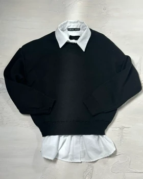 بلوز بافت یقه شومیزی کد 150091 (مشکی)