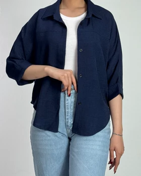 شومیز شانتون آستین  دوبل  کد 500526 (سرمه اى)