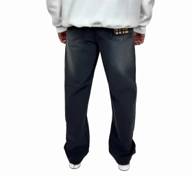 شلوار جین مردانه نیم بگ - رنگ خاکستری امبره زاپ‌دار - با وصله تیره