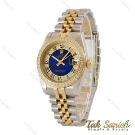 ساعت رولکس زنانه دورنگ طلایی دورنگین ایندکس یونانی صفحه آبی Rolex-5121-M-L