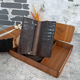 ست هدیه چرم مردانه چرم طبیعی کیف پول و کمربند مدل 4 تیکه روکو قهوه ای