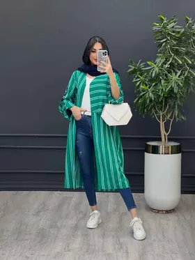 مانتو راه راه بلند آستین سگک