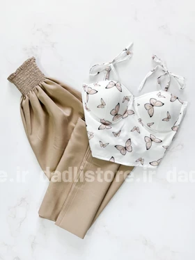 ست نیم‌تنه کاپ‌دار و شلوار پارچه ای بگ طرح پروانه