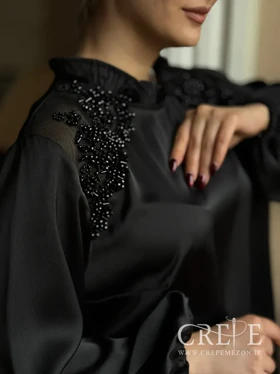 شومیز ساتن سرشانه تور سنگدوزی