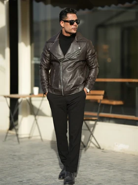 کاپشن مردانه چرم زیپ کج