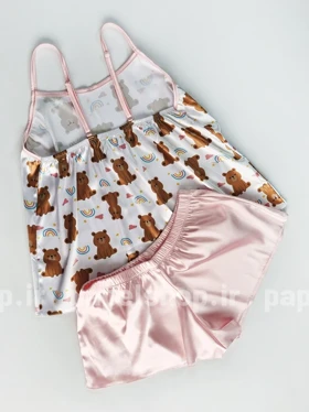 ست لباس خواب تاپ و شورتک ساتن طرح خرس