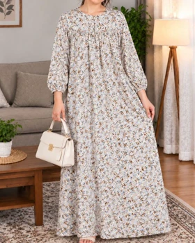 پیراهن زنانه آزاد نخ خارجی 7700 (طوسی گل قهوه ای)