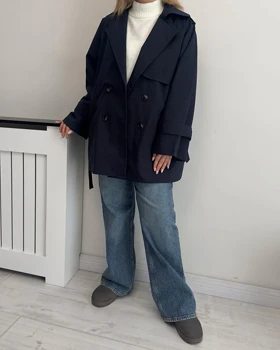 ترنچ کت Drop قد کوتاه (سرمه ای)