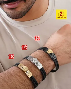 دستبند مردانه چرم و استیل