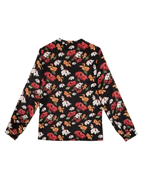 شومیز زنانه ساتن طرح دار یقه ایستاده دکمه تزیینی کلاسیک شاینی