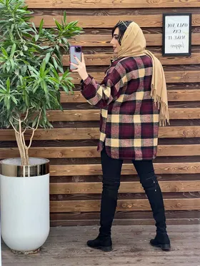 پالتو چهارخونه جیب پاکتی داخل خز