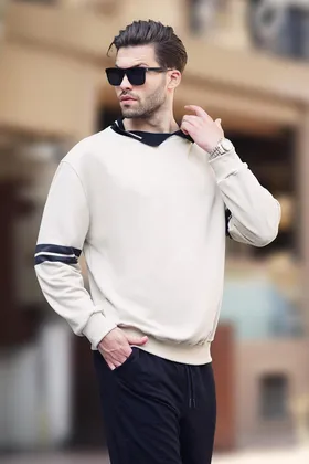 سویشرت مردانه راه راه یقه پولو بژ 7048