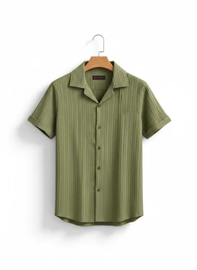 پیراهن مردانه آستین کوتاه یقه انگلیسی پارچه ریب‌دار رنگ سبز زیتونی