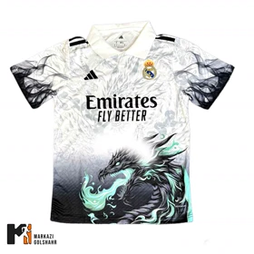 کیت فوتبالی رئال مادرید یقه دار دراگون سفید فیروزه‌ای