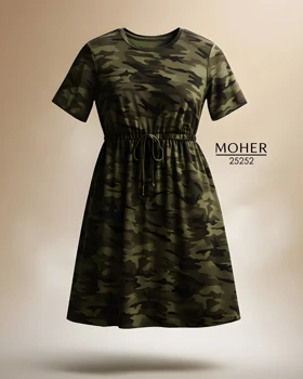 پیراهن کمر کشی سایز بزرگ زنانه طرح ارتشی سبز