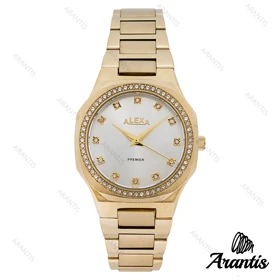 ساعت الکسا 0086 زنانه طلایی دور نگین صفحه سیلور w-10129