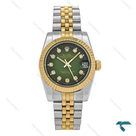 ساعت رولکس زنانه دورنگ طلایی صفحه سبز مشکی ایندکس نگین مدیوم Rolex-7981-L