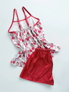 ست لباس خواب تاپ و شورتک ساتن طرح ولنتاین