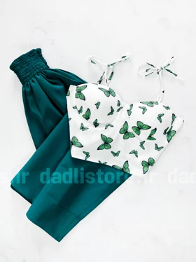 ست نیم‌تنه کاپ‌دار و شلوار پارچه ای بگ طرح پروانه