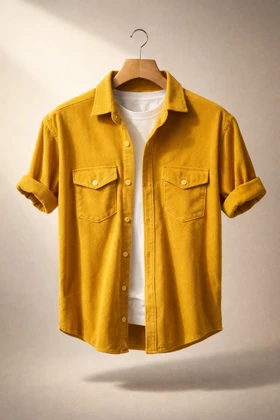 پیراهن آستین کوتاه کبریتی خردلی دو جیب اورجینال دیلم