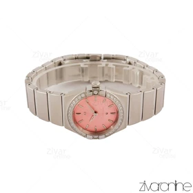 ساعت امگا کانسلیشن زنانه نقره ای دور نگین ایندکس خطی صفحه صورتی 105465