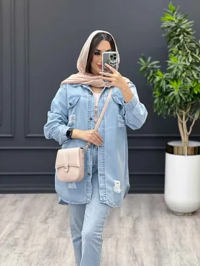 مانتو جین زاپ‌دار آبی روشن
