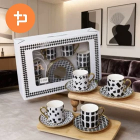 ست قهوه خوری 6 نفره سیاه و سفید طرحدار