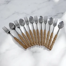 قاشق و چنگال دسته بامبو طرح مرواریدی / BA934