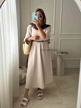 پیراهن لینن بلند زنانه کمربندار