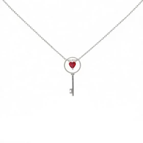 گردنبند نقره اصل 925 مدل کلید نگین‌دار و قلب یاقوت سرخ