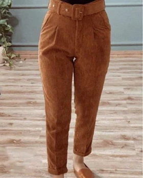 شلوار کبریتی کمربنددار کد 40118 (شتری)