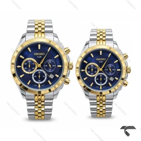 ست ساعت مچی سیکو سه موتوره دورنگ طلایی صفحه سرمه ای Seiko-11438-S