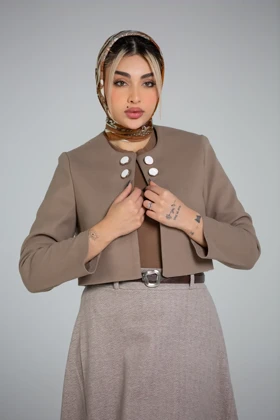 پالتو کت کراپ یقه گرد (کرم تیره)