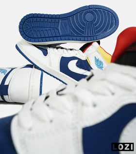 کفش کتانی مردانه و زنانه ساق‌دار سفید آبی زرد NIKE jordan 1 مدل 7152