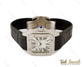 ساعت کارتیر سانتوس زنانه نگین‌دار بندچرم مشکی Cartier-4081-L
