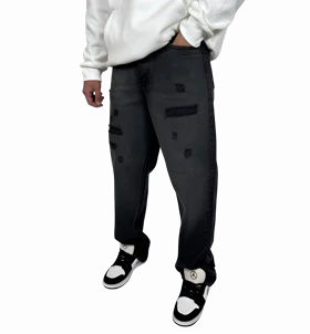 شلوار جین مردانه نیم بگ - رنگ خاکستری امبره زاپدار - با وصله تیره