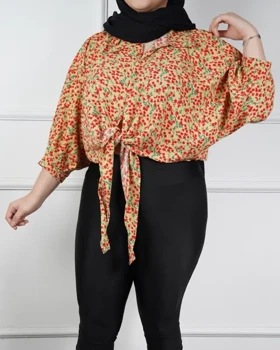 شومیز گره‌ای پفکی وارداتی 7321 (کرمی)