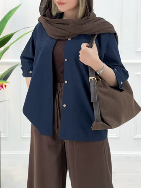 شومیز مانتویی لینن مینا - سرمه‌ای