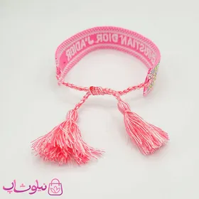 دستبند دخترانه پارچه ای کریستین دیور نگین‌دار صورتی سفید