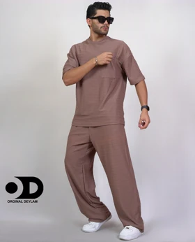 ست رو همی تیشرت شلوار بژ مردانه پارچه مراکشی مدل بگی