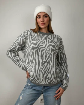 بلوز بافت زنانه طرح زبرا zebra یقه گرد آستین بلند ریز بافت کد 1879 (طوسی)