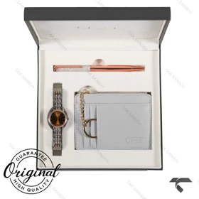 ساعت کادویی زنانه کرست مدل 9043-3 دورنگ رزگلد صفحه قهوه ای Crest-11245-L