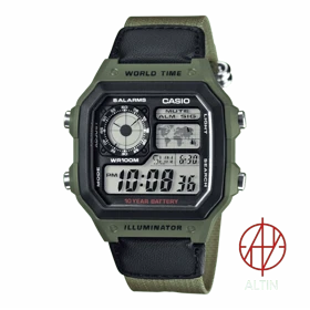 ساعت مچی دیجیتال کاسیو Casio مدل AE-1200WHB-3BVDF سری World Time – بند برزنتی سبز ارتشی