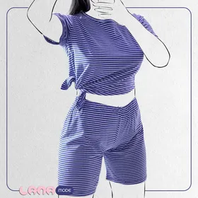 ست کراپ شرتک پنبه سوپر لاکرا گره‌ای رنگ آبی
