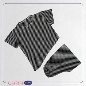ست کراپ شرتک پنبه سوپر لاکرا گره‌ای رنگ مشکی راه راه