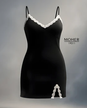 لباس خواب زنانه سایز بزرگ مشکی با نوار توری سفید